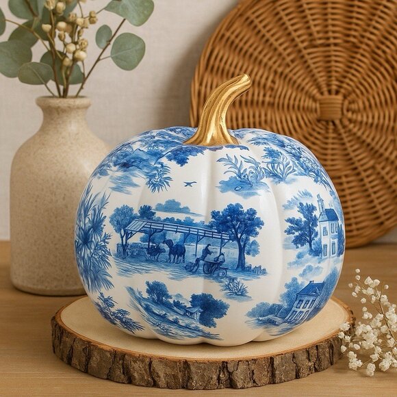 Mackenzie Childs Estate Pumpkin Royal Toile Blue White Gold Stem 11" Fall Decor - Picture 1 of 10